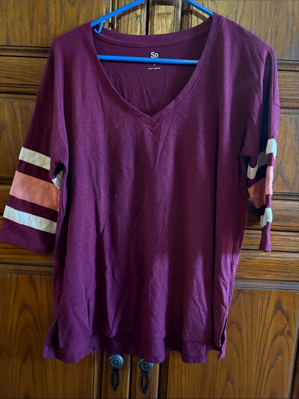 SO Burgundy V-Neck Short Sleeve Top with Stripe Sleeves